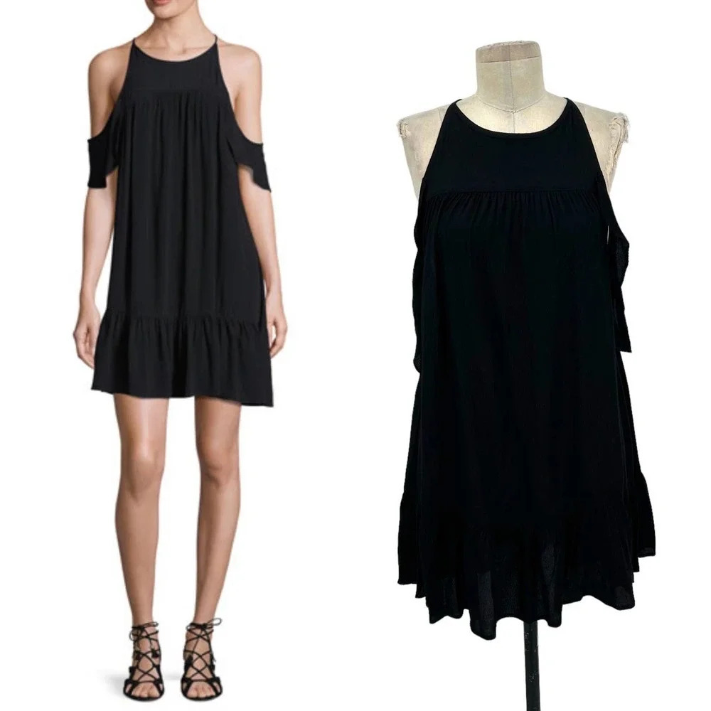 SUBOO Valley Frill Cold-Shoulder‎ Coverup Dress in Black Size US 4
